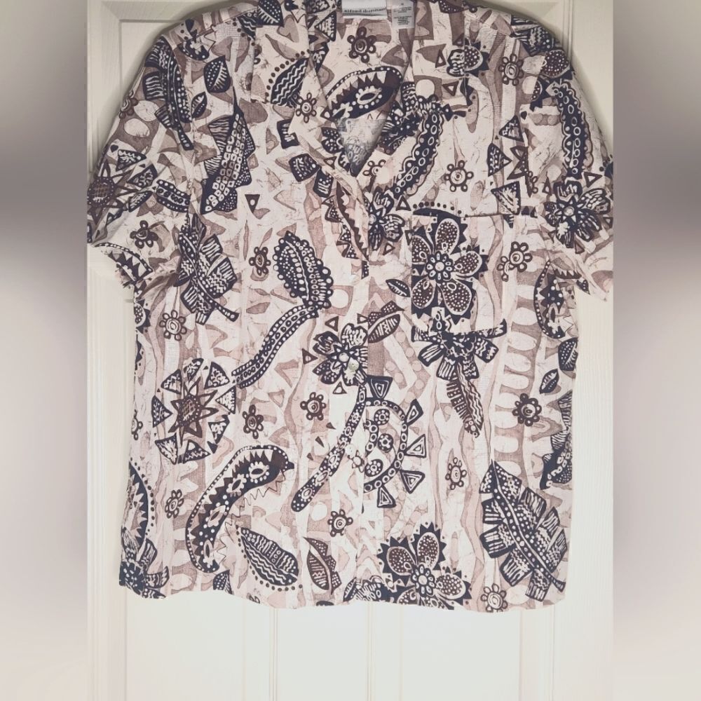 Alfred Dunner 16 Cream Beige Brown Shrtslv Pocket LINEN Blend Women’s Top Shirt